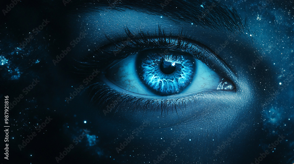 Eyes. Human eyes floating in a starry sky. Dark backdrop. Vision and the universe. Philosophical exploration of perception. Eyes. Human eyes floating in a starry sky. Dark backdrop. Vision and the universe. Philosophical exploration of perception.
