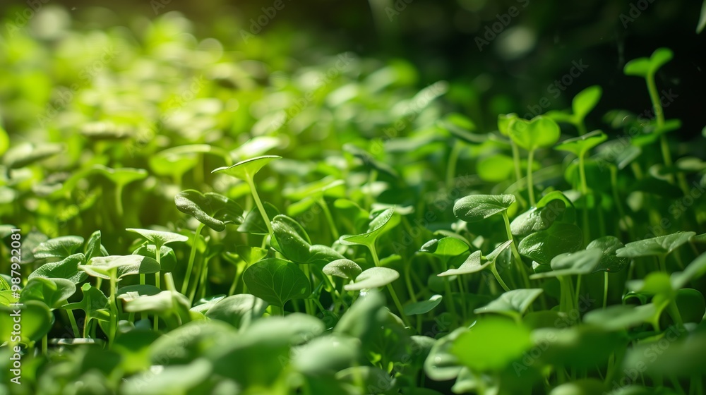 Obraz premium Close-up of densely growing young shoots of microgreens. Green leaves in bright sunlight create a feeling of freshness and vitality.