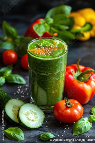 Fresh green smoothie with vegetables at a kitchen counter