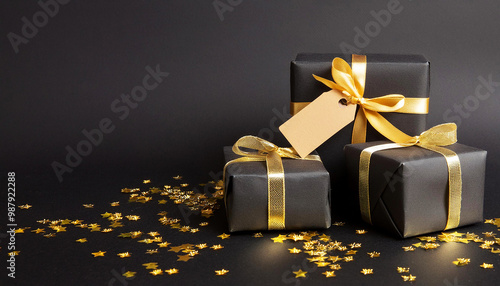 Black gift box with golden bow on black background, flat lay. Space for text. festive background for Christmas and New Year.