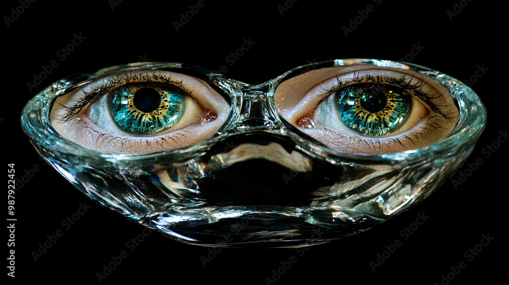 Eyes. Human eyes preserved in a crystalline container. Isolated dim background. Augmented reality and virtual experiences. The balance of perception. reality. and ethical boundaries. Eyes. Human eyes preserved in a crystalline container. Isolated dim background. Augmented reality and virtual experiences. The balance of perception. reality. and ethical boundaries.
