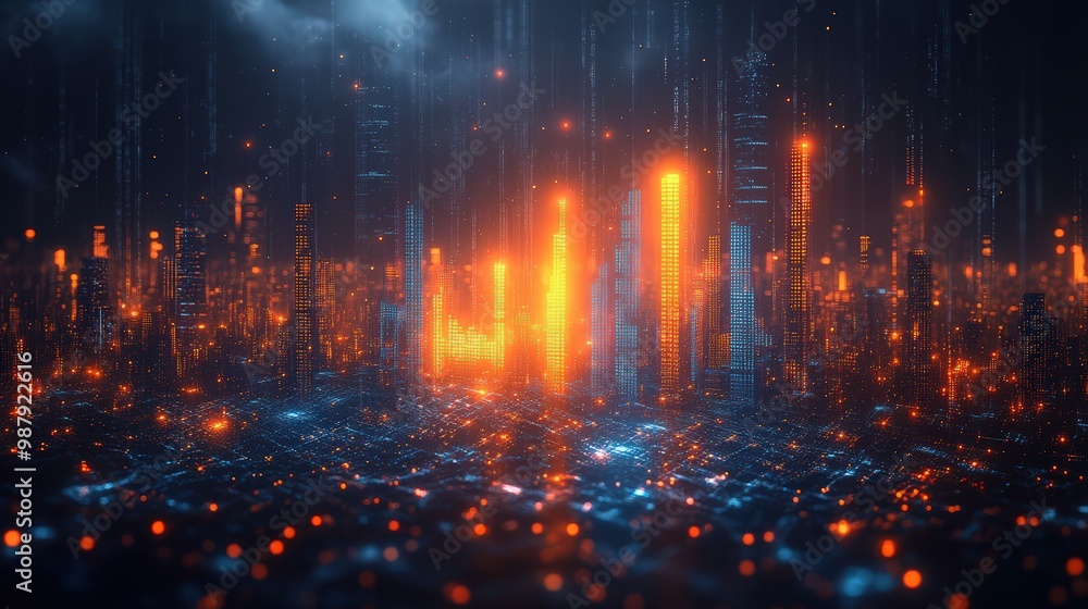Business financial stock market chart with city background. Concept of technology, finance Business financial stock market chart with city background. Concept of technology, finance
