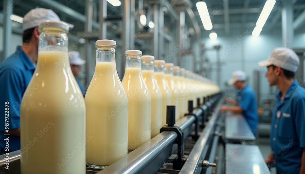 Milk factory scene with a production line of bottles, highlighting precision and productivity in a clean environment.
Milk factory scene with a production line of bottles, highlighting precision and productivity in a clean environment.