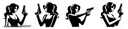 Four vector illustrations of a woman shooting with a gun, black and white