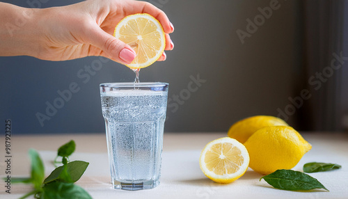 Woman squeezing lemon juice into glass on table
 photo