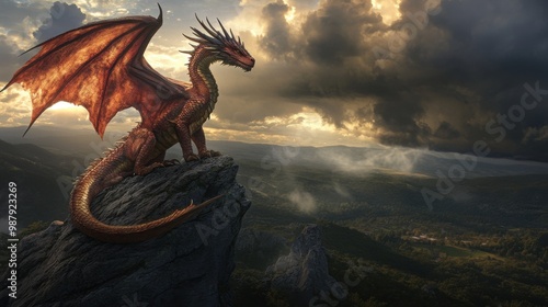 Majestic dragon sits atop a mountain, towering over the vast landscape below with dramatic clouds overhead. The scales of its wings shimmer in the sun, and it glows red and gold under the twilight sky