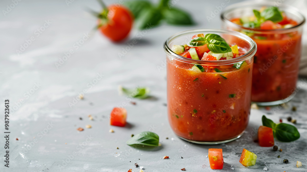 Glass jars of chilled gazpacho. Crisp white restaurant tablecloth. with space for text Glass jars of chilled gazpacho. Crisp white restaurant tablecloth. with space for text