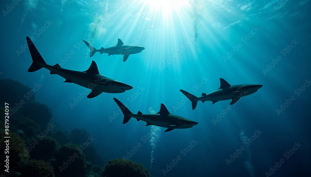 Fototapeta premium Silhouettes of blue sharks glide gracefully beneath the shimmering ocean surface.