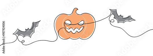 Halloween party web banner with bats and pumpkin. One continuous line drawing Simple vector background, web banner, poster, Continuous linear ghost landing page for Halloween