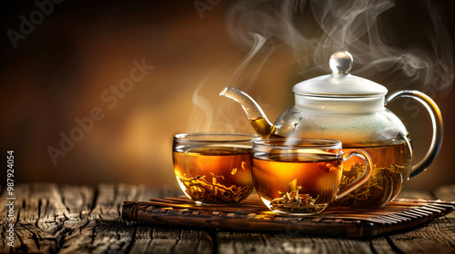 Glass teapots filled with clear Asian consommé. Traditional tea house backdrop. with space for text 