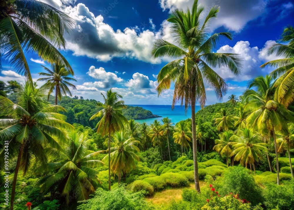 Vibrant Summer Hues in Exotic Tropical Landscape with Lush Greenery and Clear Blue Skies Above Vibrant Summer Hues in Exotic Tropical Landscape with Lush Greenery and Clear Blue Skies Above