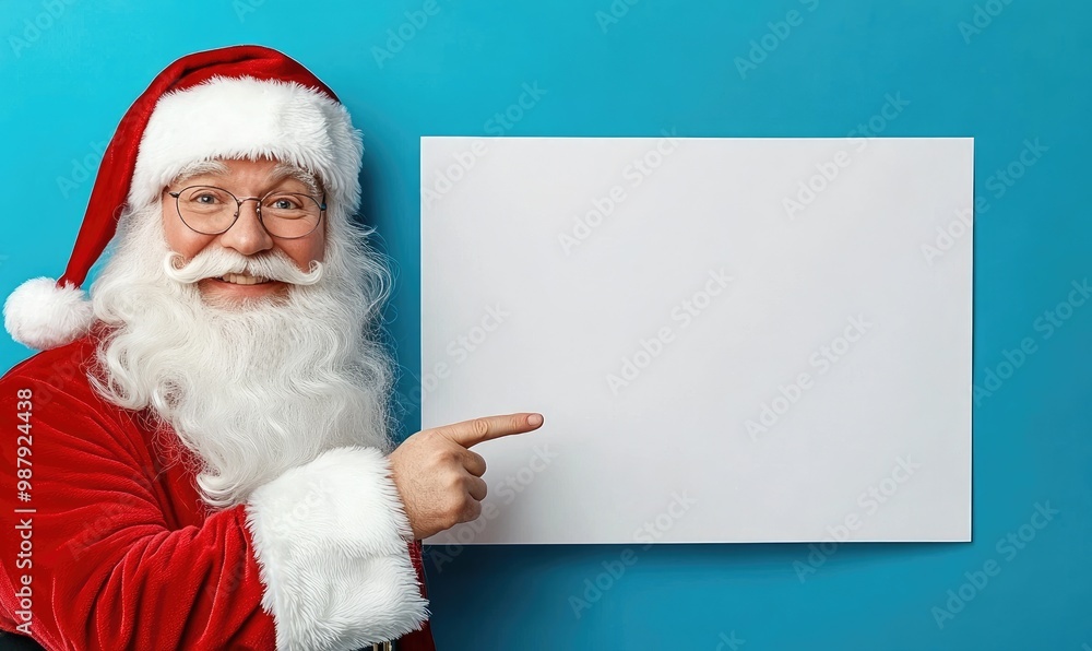 Santa Claus Pointing at a Blank Poster in the Snow Santa Claus Pointing at a Blank Poster in the Snow