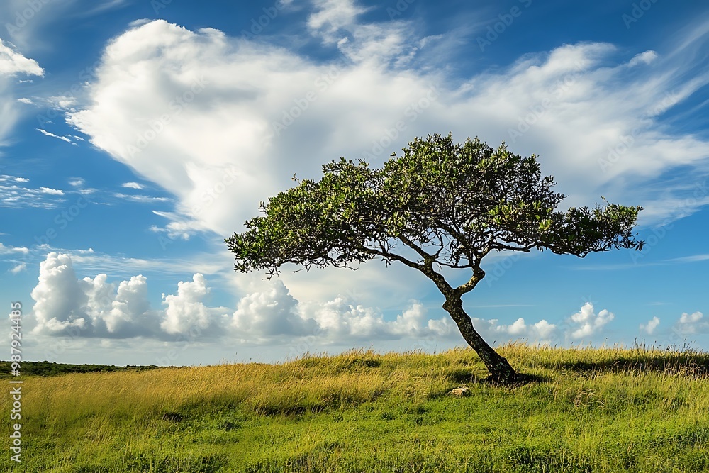 Obraz premium Single tree on a green meadow with blue sky and white clouds