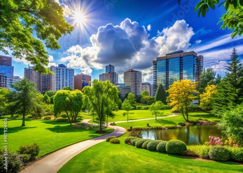 Vibrant Summer Park in an Urban Cityscape with Lush Greenery and Bright Blue Sky Background