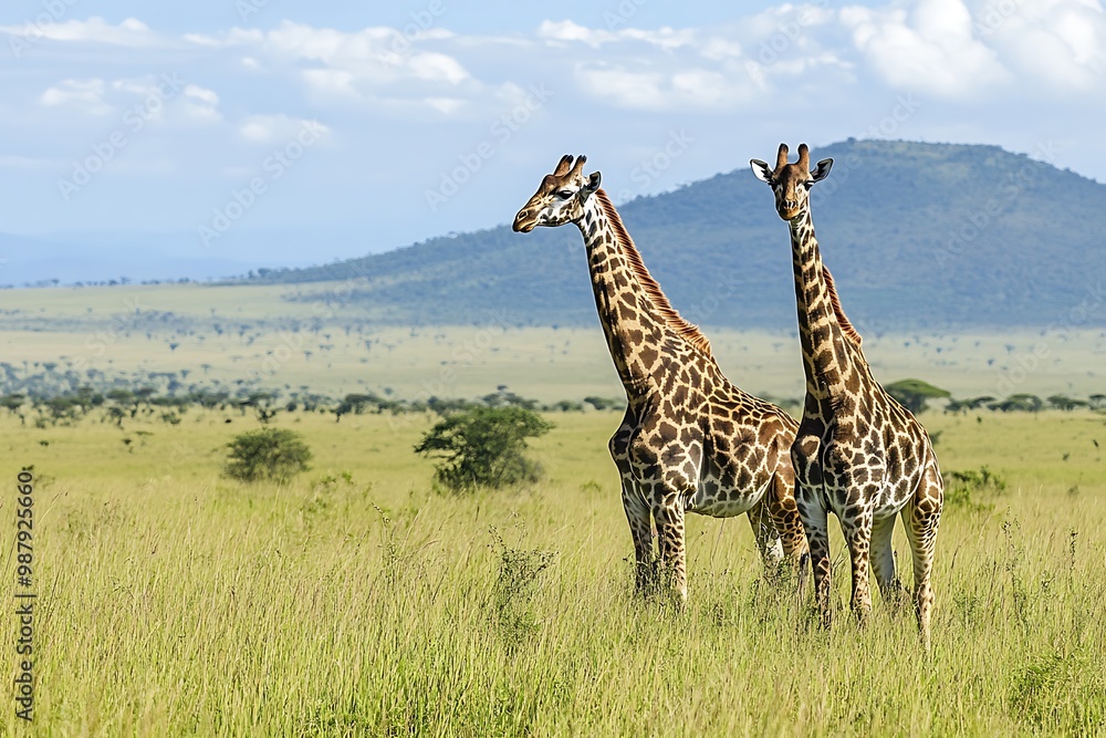 Obraz premium Two Giraffes Standing in African Savanna Landscape with Mountain in Background