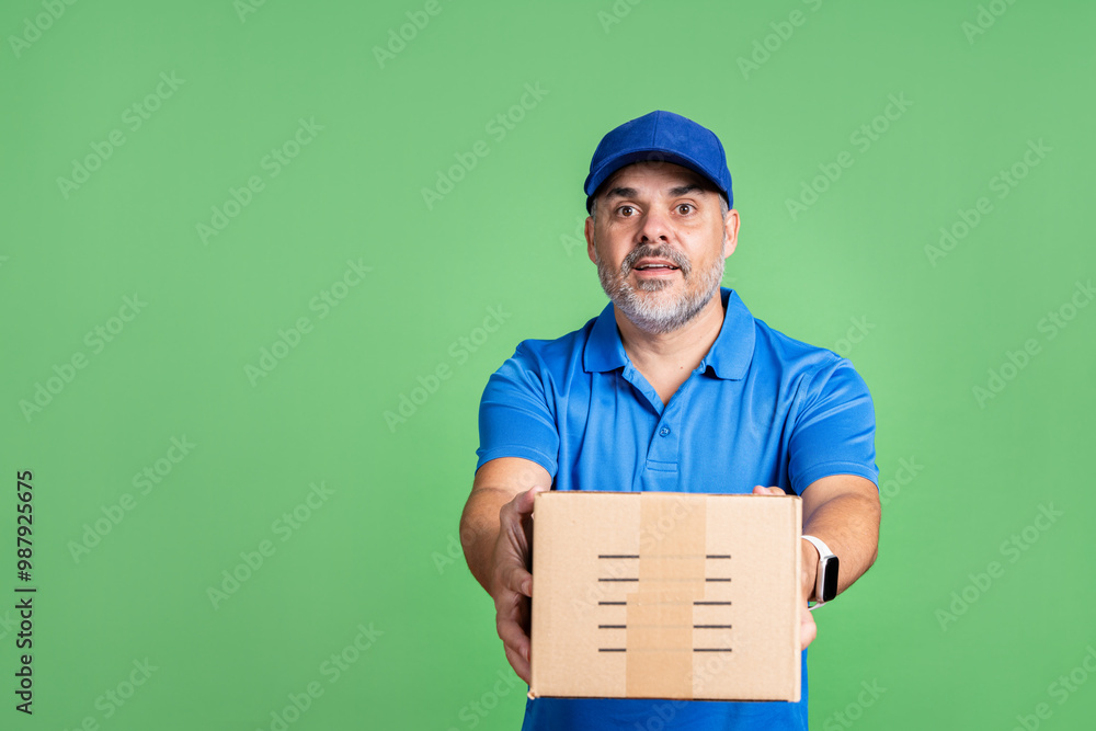 Courier extending package forward, blue uniform on green chroma background Courier extending package forward, blue uniform on green chroma background