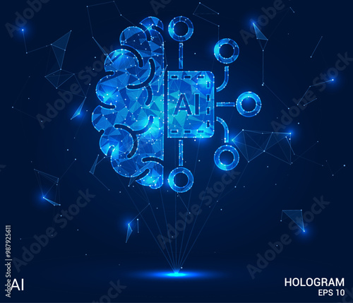 Hologram AI. AI made of polygons, triangles, dots, and lines. Low-poly AI structure of connections. Technology concept vector.