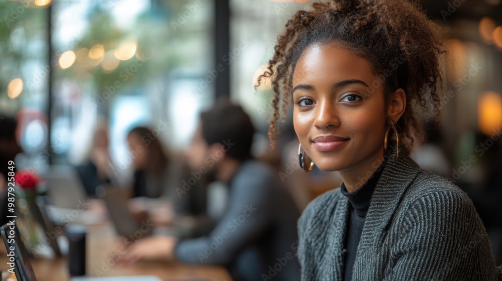 Creative Confident Young Woman Working in Modern Cafe - Professional and Stylish Ambiance. Creative Confident Young Woman Working in Modern Cafe - Professional and Stylish Ambiance.