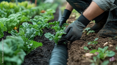  Farmer tends to leafy greens in a garden, representing growth, care, and the cultivation of organic produce through sustainable farming methods.