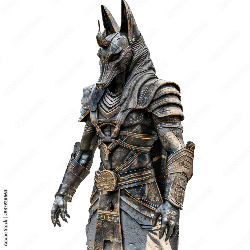 Fototapeta premium Anubis, the egyptian god of death, is posing in full metal armor