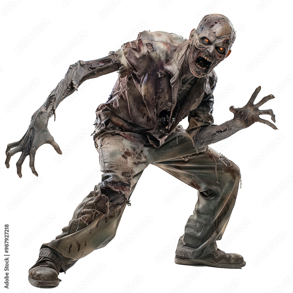 Fototapeta premium Scary zombie reaching out with rotting hands on white background