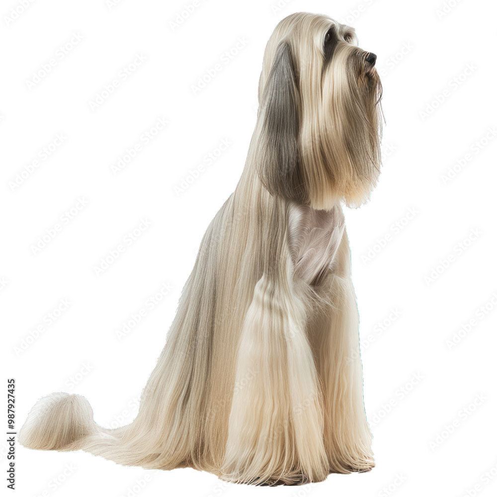 Afghan hound dog with a modern grooming style sitting and looking up on a white background Afghan hound dog with a modern grooming style sitting and looking up on a white background