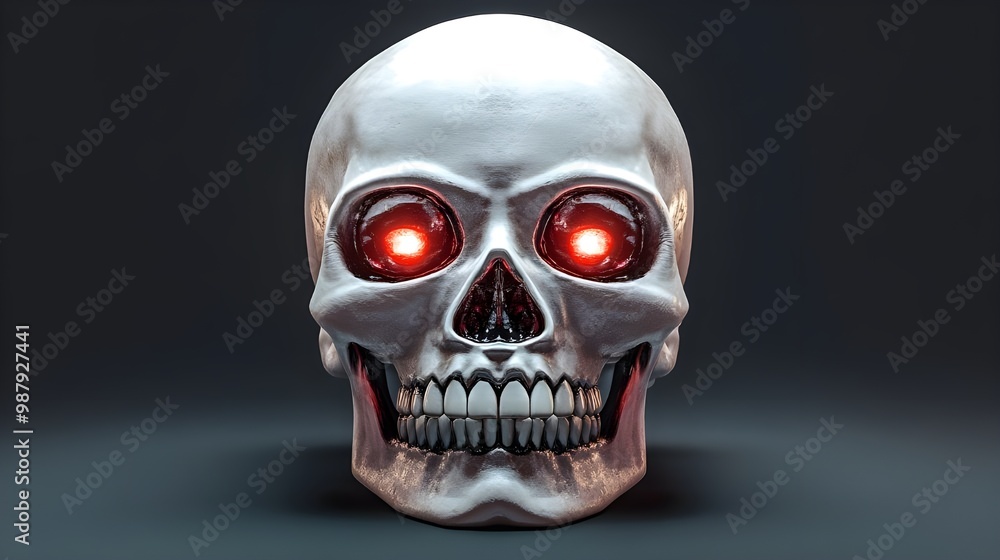 Cartoon-style skull with glowing red eyes, creating a striking look image 
