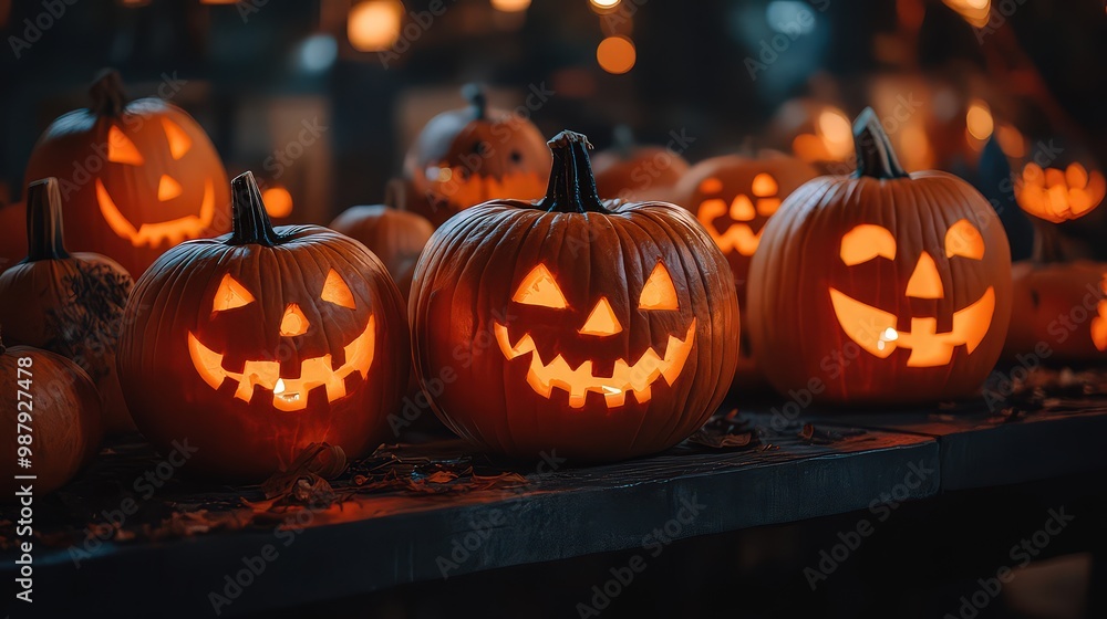 Fototapeta premium Group of glowing jack-o'-lanterns with different expressions, creating a spooky and fun Halloween atmosphere at night.