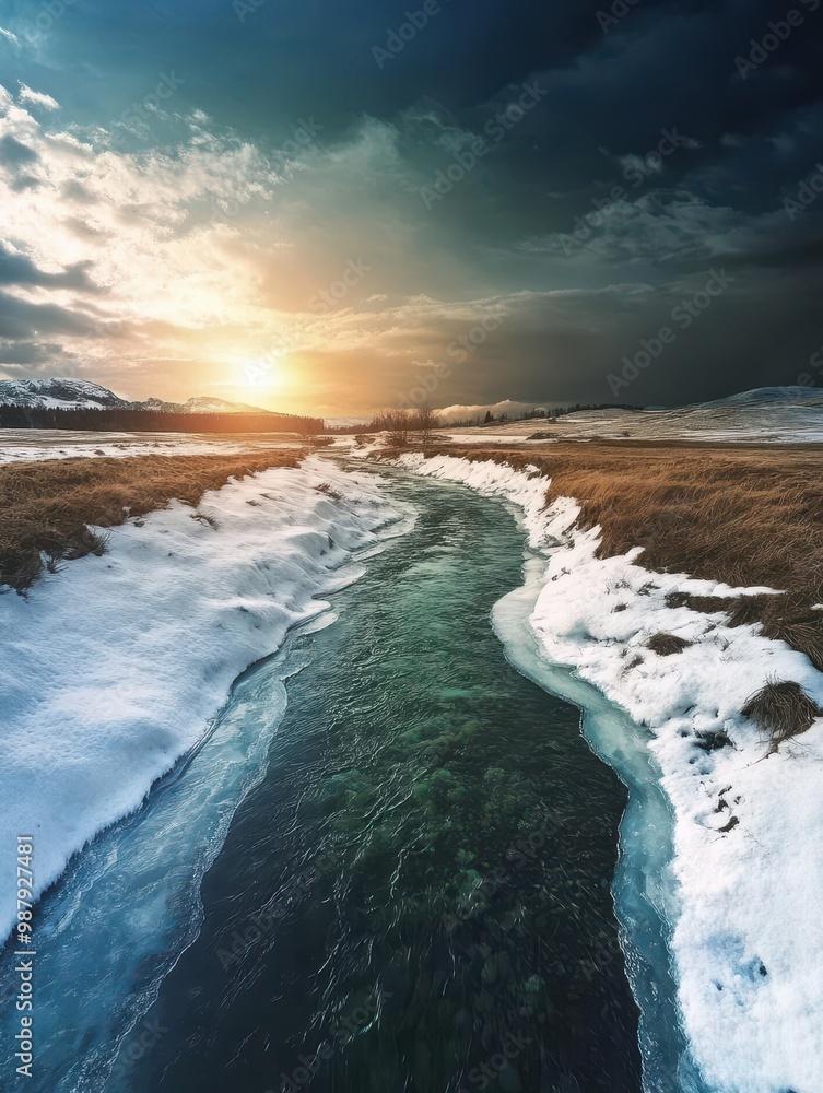 Fototapeta premium Serene River Running Through a Snowy Landscape at Dusk