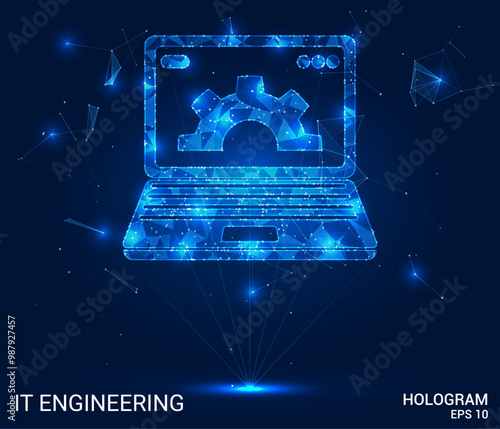 Hologram IT engineering. IT engineering made of polygons, triangles, dots, and lines. Low-poly IT engineering structure of connections. Technology concept vector.