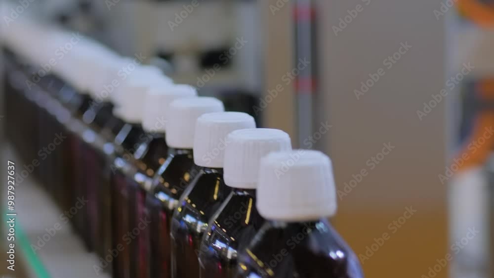 Bottle shrink sleeve labeling machine. Conveyor belt with row of empty amber glass bottles at plastic packaging exhibition, trade show or factory: demonstration mode, production line, close up view Bottle shrink sleeve labeling machine. Conveyor belt with row of empty amber glass bottles at plastic packaging exhibition, trade show or factory: demonstration mode, production line, close up view