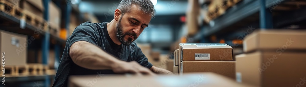 A focused warehouse worker organizing and preparing packages in a busy storage environment, ensuring efficient order fulfillment. A focused warehouse worker organizing and preparing packages in a busy storage environment, ensuring efficient order fulfillment.