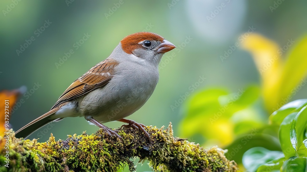 Fototapeta premium A beautiful bird perched on a mossy branch, surrounded by vibrant green foliage, showcasing nature's tranquil beauty.