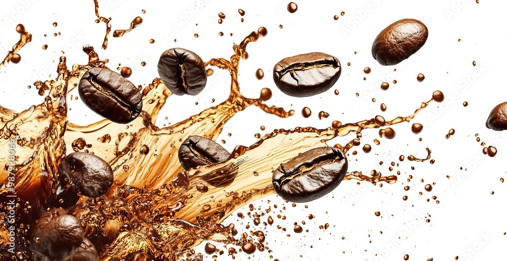 Coffee beans and coffee splashing with liquid, isolated on a white... Coffee beans and coffee splashing with liquid, isolated on a white...