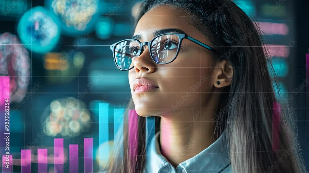 Young woman in glasses contemplating science and technology in a bright lab setting Young woman in glasses contemplating science and technology in a bright lab setting