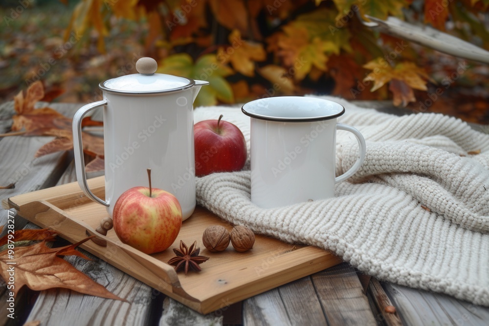 White enamel coffee pot, tea cup, and woolen blanket arranged on a wooden tray with chestnuts and autumn leaves.. White enamel coffee pot, tea cup, and woolen blanket arranged on a wooden tray with chestnuts and autumn leaves..