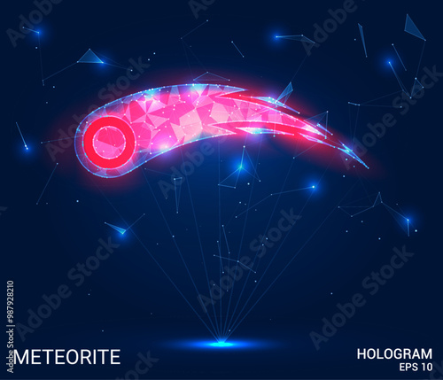 Hologram meteorite. Meteorite made of polygons, triangles, dots, and lines. Low-poly meteorite structure of connections. Technology concept vector.