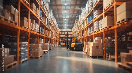 A spacious warehouse filled with stacked boxes and organized pallets, featuring a forklift for efficient material handling.