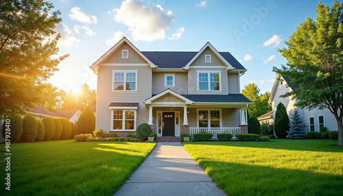 Newly built home framed by green grass and blue sky at sunrise, inviting potential buyers.