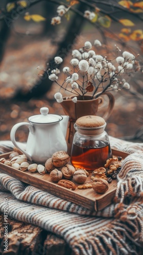 Warm autumn scene with a white coffee pot, tea cup, chestnut nuts, and fall leaves on a wooden tray..