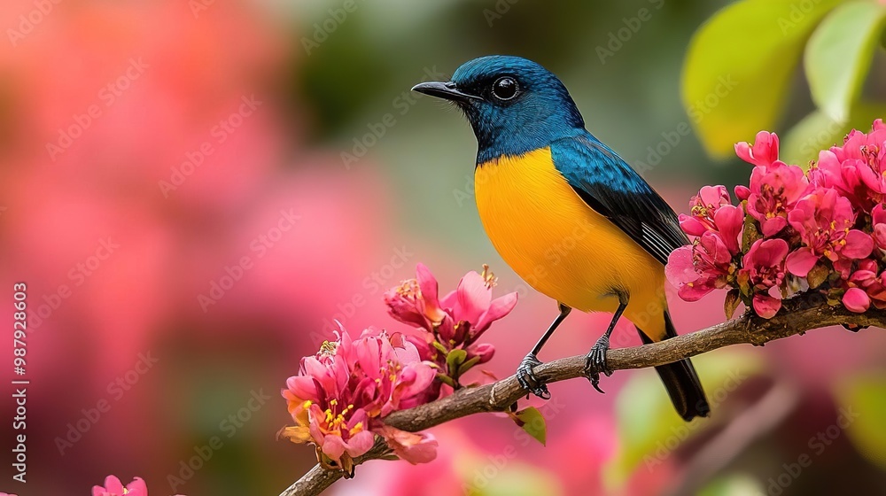 A vibrant bird perched on a branch surrounded by beautiful pink flowers, showcasing the beauty of nature in full bloom. A vibrant bird perched on a branch surrounded by beautiful pink flowers, showcasing the beauty of nature in full bloom.