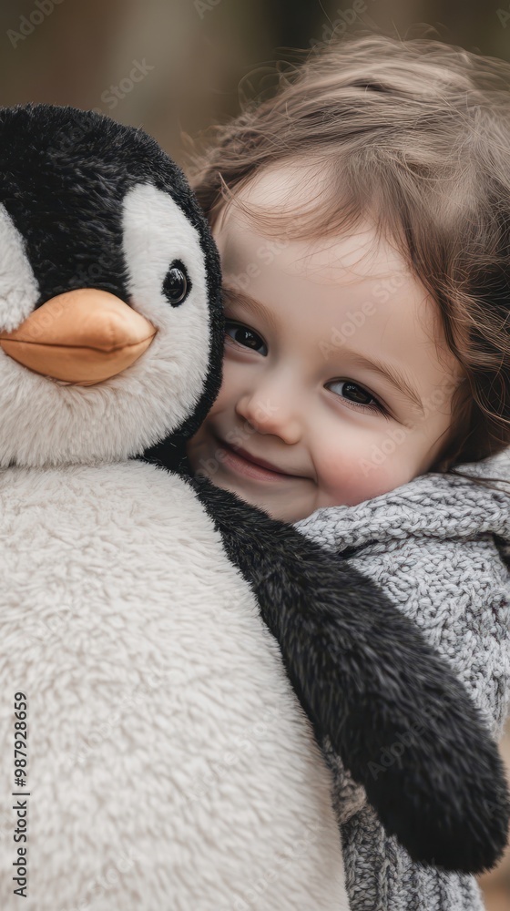 Toddler Embracing Plush Penguin Toy with Joy