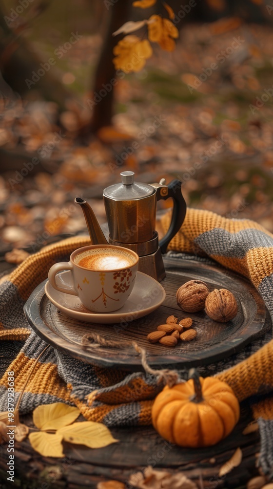 Cosy autumn picnic setup in the woods, with a grey blanket, pumpkins, coffee mokka pot and pumpkin latte. Cosy autumn picnic setup in the woods, with a grey blanket, pumpkins, coffee mokka pot and pumpkin latte.
