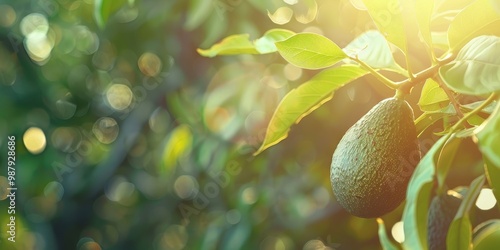 Sunlit Avocado Hanging from Tree Branch with Room for Text