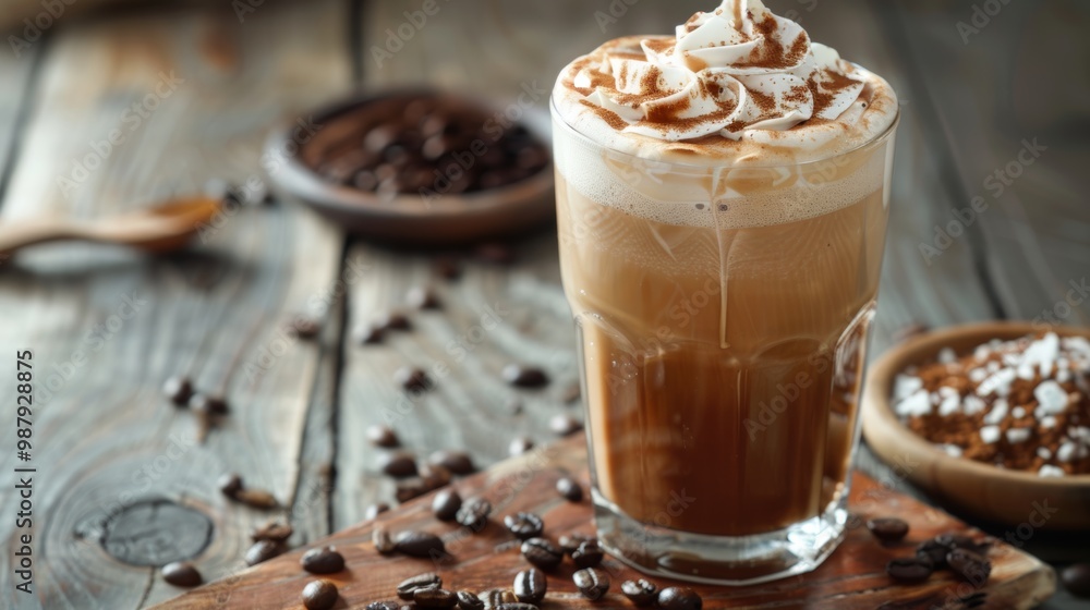 Freshly Brewed Coffee Drink with Whipped Cream and Cinnamon Garnish on Wooden Table Freshly Brewed Coffee Drink with Whipped Cream and Cinnamon Garnish on Wooden Table