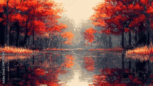 Calm Autumn Scene with River and Pixelated Trees