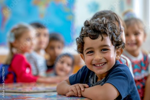 Photography of children portrait from Morocco in a preschool or kindergarten class.	