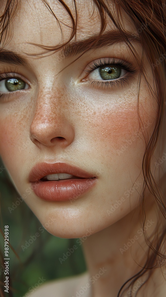 Close-up Portrait of a Woman with Green Eyes and Freckles Close-up Portrait of a Woman with Green Eyes and Freckles