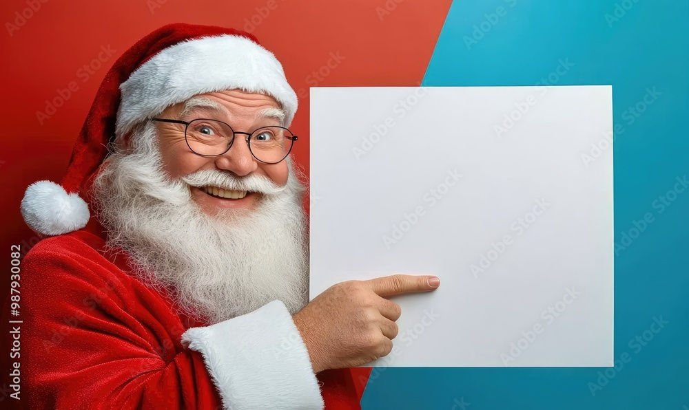 Naklejka premium Santa Claus Pointing at a Blank Poster in the Snow