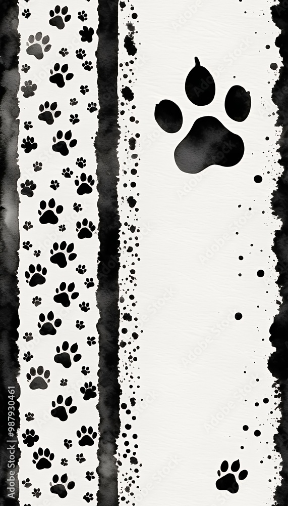 paw watercolor cat element border left graphic walk right black prints white paw cat print animal black-and-white grey watercolor border frame row line walk right left clip art painting footprint dog
